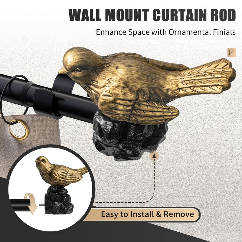 KVEEO Vintage Black Curtain Rod 18 to 45 Inches Curtain Rods for Windows Adjustable Heavy Duty Drapery Rod with Gold Bird Finials for Kitchen Window Living Room - Image 2