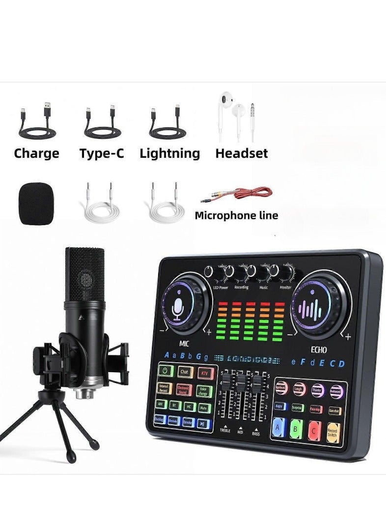 Tiktok live singing dedicated, professional live set, 48V professional audio sound card condenser microphone + tripod microphone (black)  - Image 1