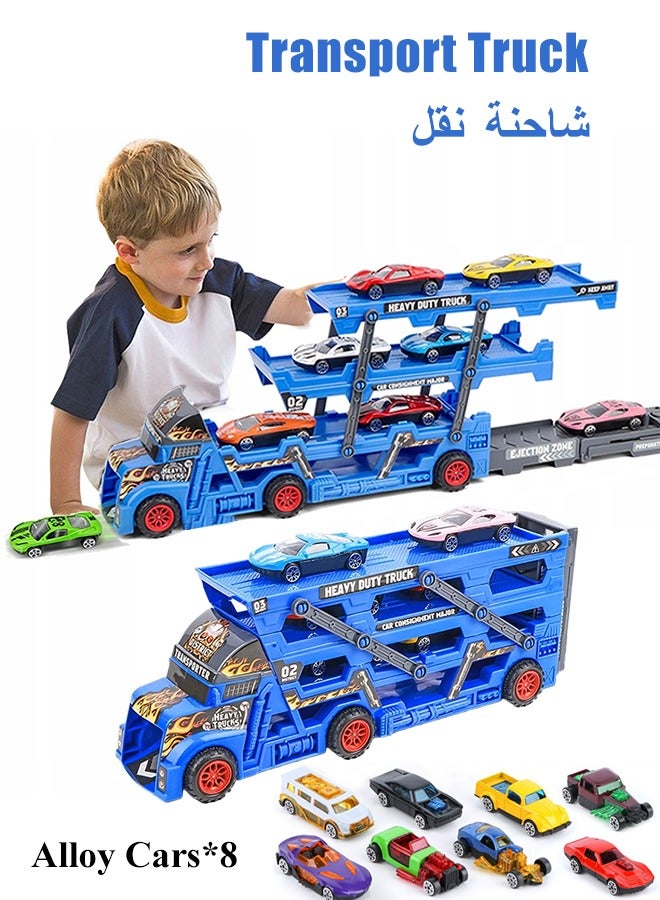 Transport Truck Toy with Slots & Foldable Race, Deformation Car Race Track with 8 PCS Alloy Cars, 9 in 1 Transport Container Trucks, 4 Layer Carrier Truck Race Track, Folding Ejection Race Truck, Die-Cast Transport Truck Toy, Truck Track Playset, Vehicle Playset for Boys and Girls Gift - Image 1