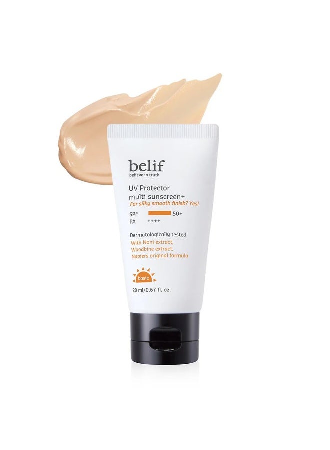 Belif UV Protector Multi Tinted Sunscreen | Broad Spectrum SPF  50+ | Hybrid Filters with Natural Herbs | No White Cast, Water & Sweat Resistant | Brightening, Anti-Aging & Makeup Friendly, 20ml - Image 1