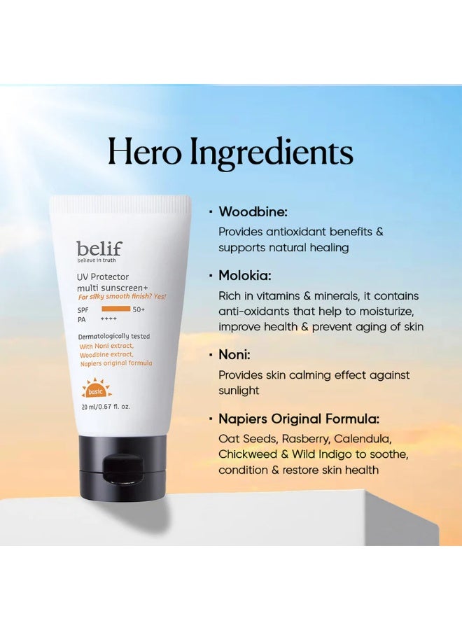 Belif UV Protector Multi Tinted Sunscreen | Broad Spectrum SPF  50+ | Hybrid Filters with Natural Herbs | No White Cast, Water & Sweat Resistant | Brightening, Anti-Aging & Makeup Friendly, 20ml - Image 2