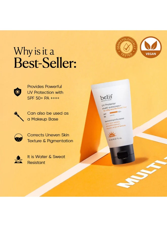 Belif UV Protector Multi Tinted Sunscreen | Broad Spectrum SPF  50+ | Hybrid Filters with Natural Herbs | No White Cast, Water & Sweat Resistant | Brightening, Anti-Aging & Makeup Friendly, 20ml - Image 4