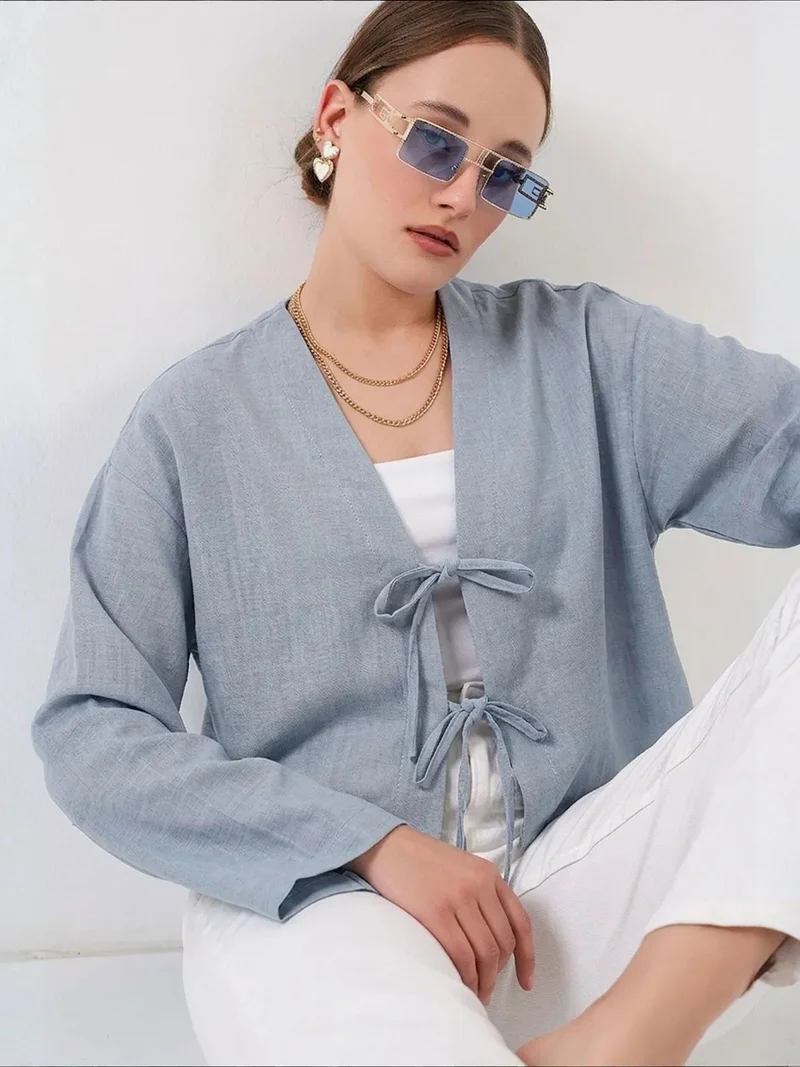 BDART Viscose Blend V-Neck Long Sleeve Kimono with Binding Detail