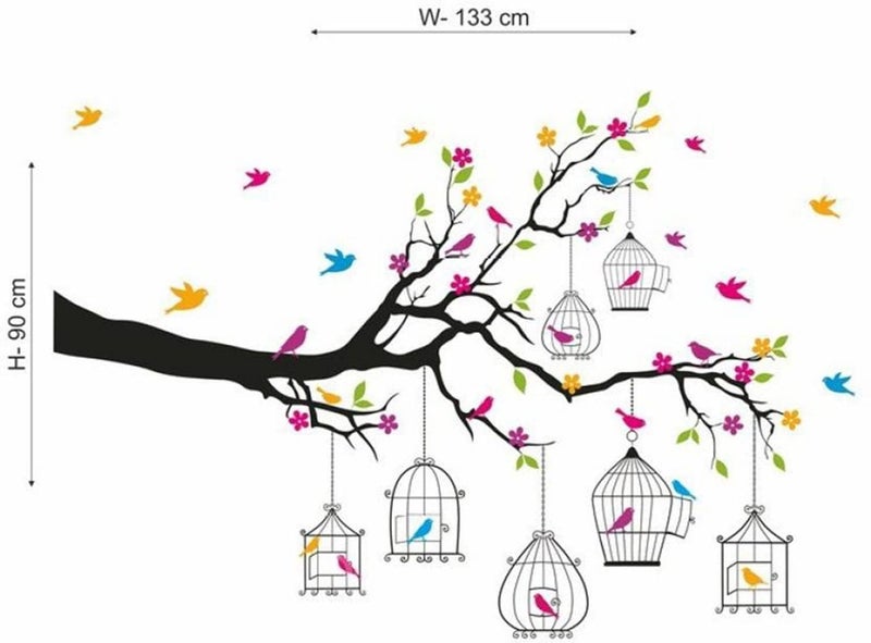 MERICAL Set of 4 Branches Flowers & Bird Cages, Kids Under Tree, Lovebirds & Hearts, Magical Tree, Wall Sticker for Wall Decor, Living Room, Children Room - Image 2