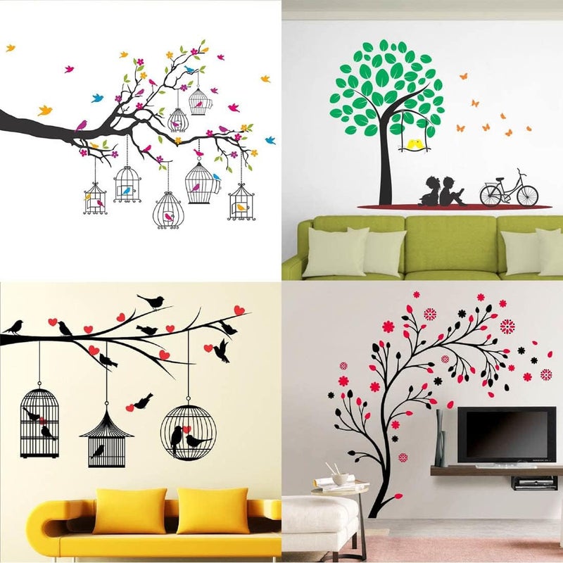 MERICAL Set of 4 Branches Flowers & Bird Cages, Kids Under Tree, Lovebirds & Hearts, Magical Tree, Wall Sticker for Wall Decor, Living Room, Children Room - Image 1