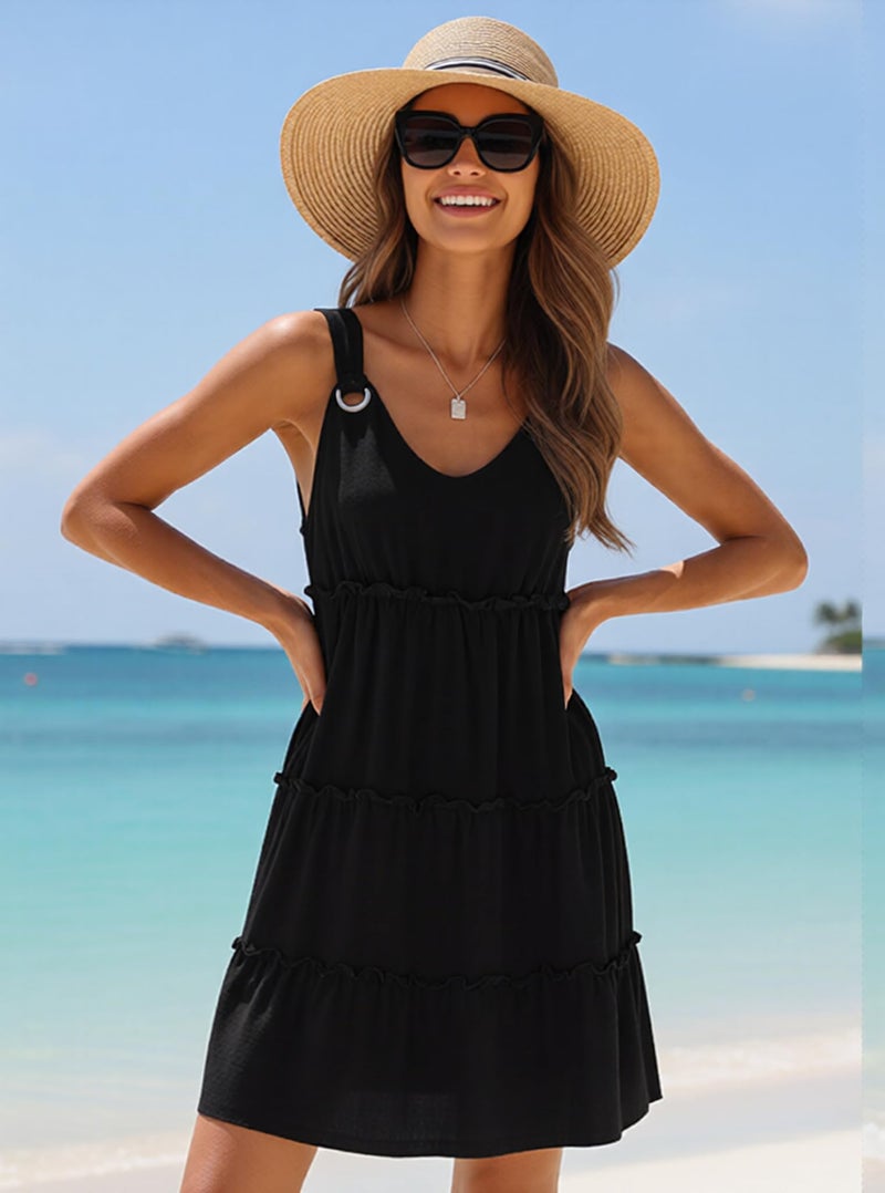 ETCYY Sundresses for Women 2026 Vacation Swimsuit Cover Ups Boho Floral Beach Dress T-Shirts Tank Dresses,Black,Medium - Image 2