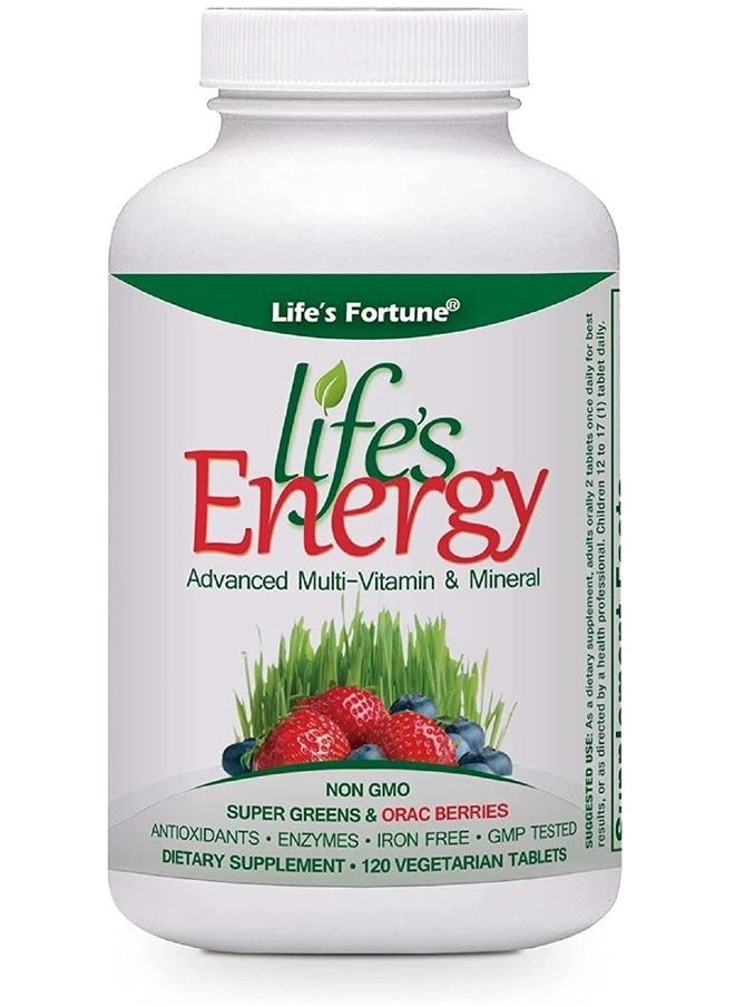 Life's Fortune - Life's Energy Advanced Multi-Vitamin and Mineral Non-GMO - Super Greens - ORAC Berries - AntiOxidants - Enzymes - Iron Free - GMP Tested, 120 Veggi Tablets - Image 1