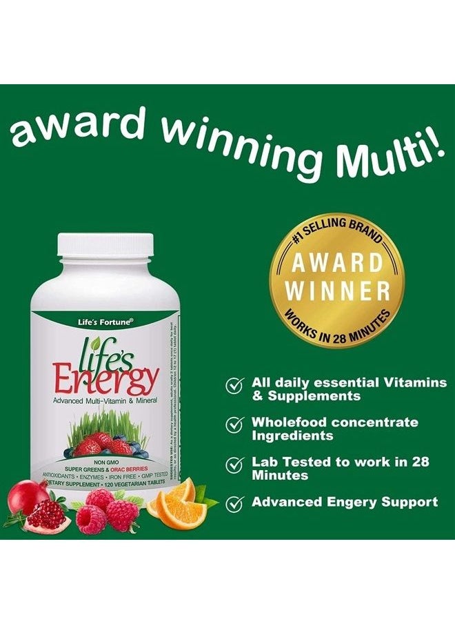Life's Fortune - Life's Energy Advanced Multi-Vitamin and Mineral Non-GMO - Super Greens - ORAC Berries - AntiOxidants - Enzymes - Iron Free - GMP Tested, 120 Veggi Tablets - Image 1