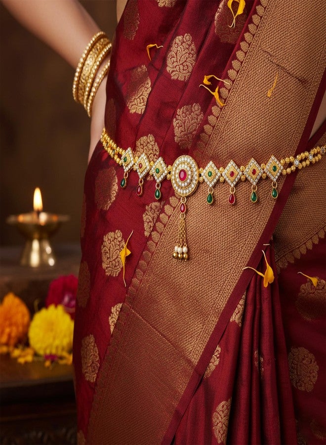 Memoir Brass Micron gold-Plated Traditional Kamarbandh, bellychain waistbelt Kundan Meena Precious Stone Studded ethnic Bridal Wedding Jewellery (KBKK2602) - Image 3