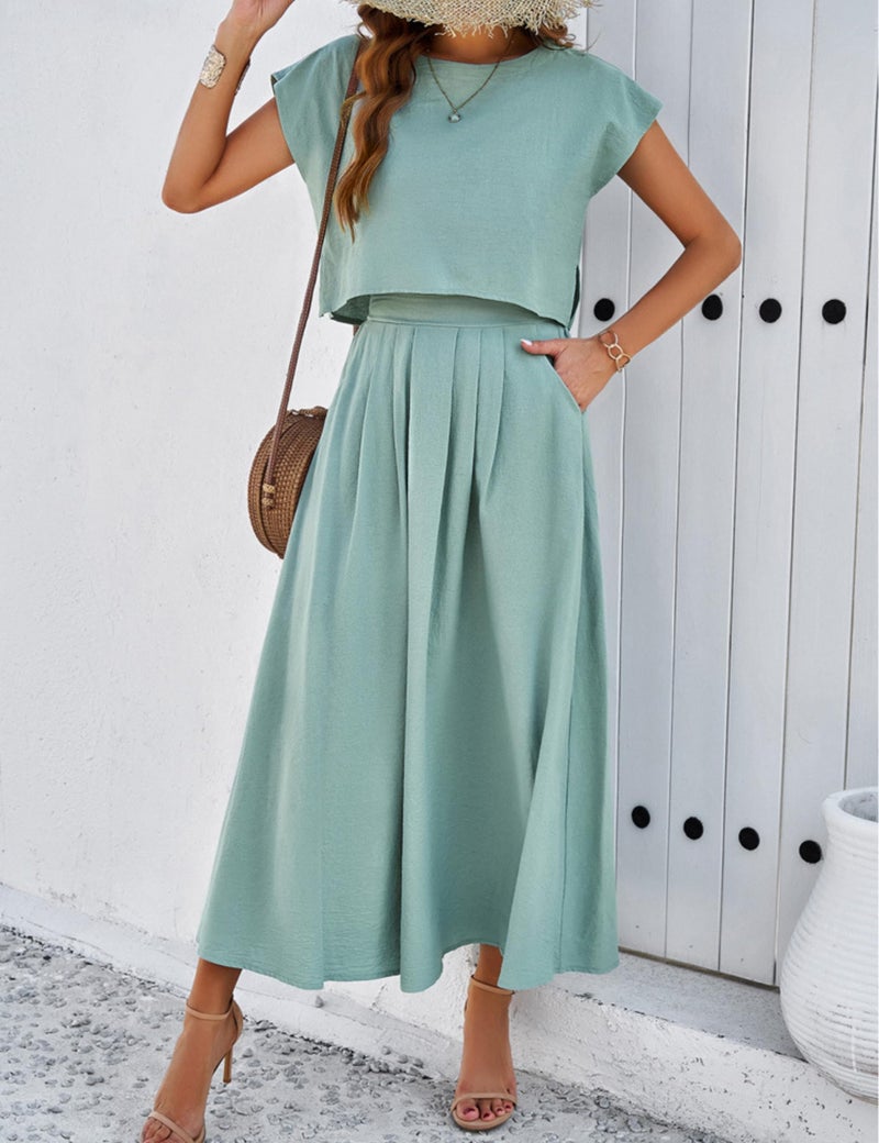 HangNiFang Summer Skirt Sets Women 2 Piece Outfits Cap Sleeve Top Elastic Waist Maxi Dress Sets with Pockets(1218-GreenX1-L) - Image 2