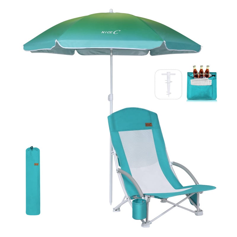 Nice C Beach Chair, Beach Chairs for Adults with Umbrella and Cooler, High Back, Cup Holder & Carry Bag & Heavy Duty Compact Outdoor, Camping (One Blue) - Image 1