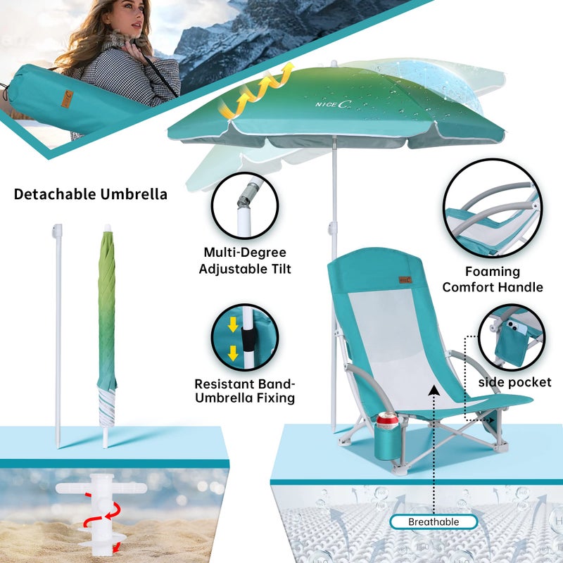 Nice C Beach Chair, Beach Chairs for Adults with Umbrella and Cooler, High Back, Cup Holder & Carry Bag & Heavy Duty Compact Outdoor, Camping (One Blue) - Image 2