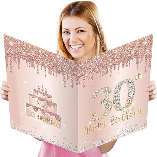 Eucutur Large 30 Birthday Card with Envelope, Jumbo Happy 30th Birthday Card Gifts for Girl, Extra Big 30 Birthday Guest Book Greeting Cards Party Supplies，Pink Rose Gold Giant Thirty Year Birthday Card - Image 1