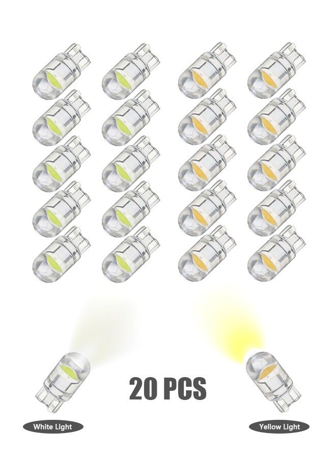 20 Pcs LED Light Bulbs White and Yellow, 6000K 68 2825 W5W T10  COB LED Wedge  Replacement Bulbs, Mini Bulbs for License Plate Lights, Car Position Lamps, Map Light - Image 1