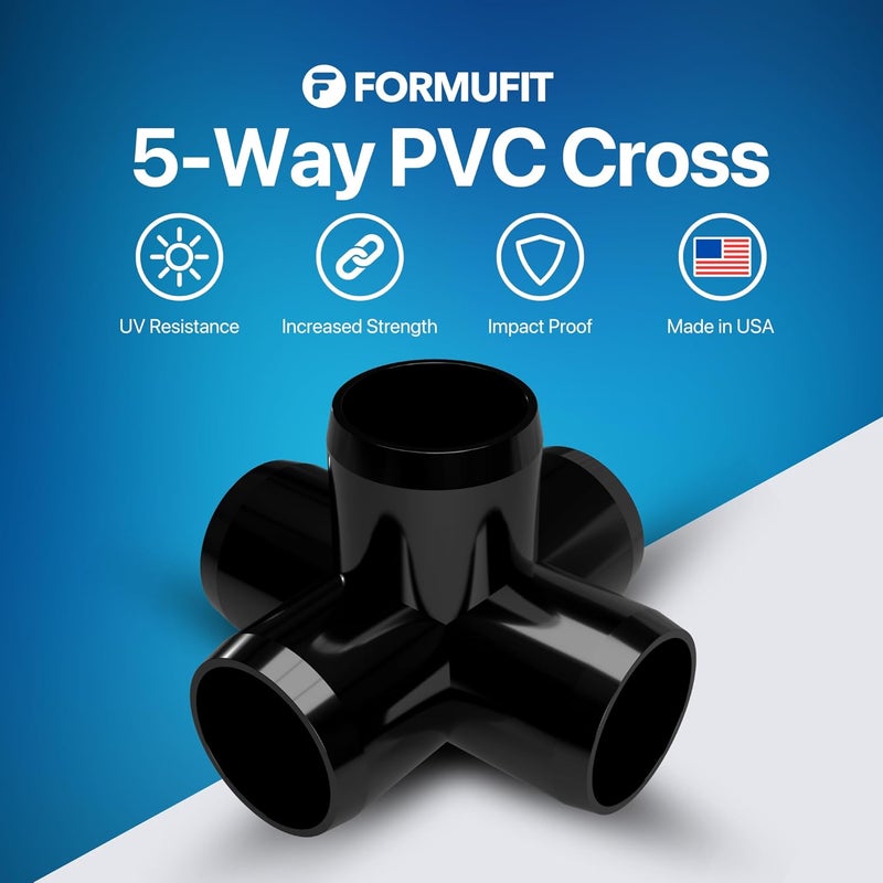 FORMUFIT 3/4" 5-Way Cross Furniture Grade PVC Fitting in Black, Made in USA, UV-Resistant, Impact-Proof, 1.050” Actual Socket Diameter (Pack of 8) - F0345WC-BK-8 - Image 2