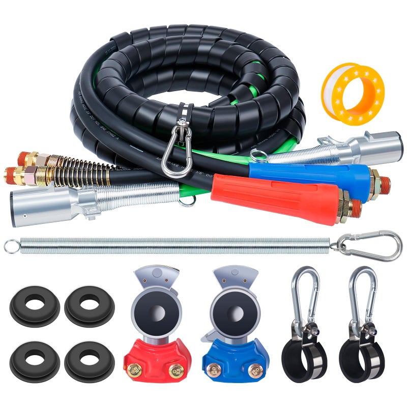 Cheemuii Semi Truck Air Line Kit 12 FT 3 in 1 ABS Power Air Line Air Hose with Gladhands and Tender Spring Kit for Semi Truck Tractor Trailer