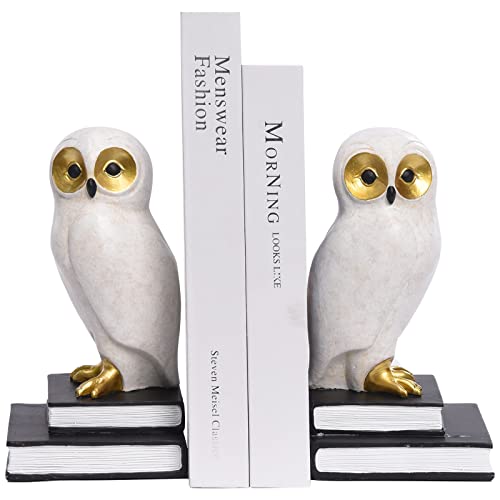 Kakizzy Book Ends for Shelves, Owl Decorative Bookends Bronze Bird Book Stopper Unique Kids Book Holders with Anti-Slip Base Luxurious Bookends for Kids Rooms Office Home Decor(White) - Image 1