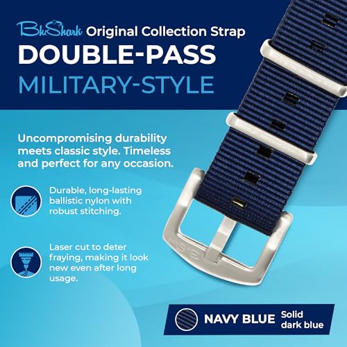 BluShark - Original Collection Military-Style Waterproof Watch Strap, Fits All Timepiece Brands, Durable Nylon Wristwatch Accessories with Stainless Steel Buckle, Navy Blue, 20mm - Image 2