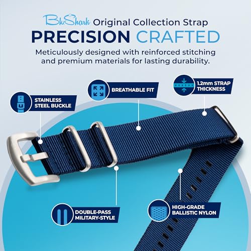 BluShark - Original Collection Military-Style Waterproof Watch Strap, Fits All Timepiece Brands, Durable Nylon Wristwatch Accessories with Stainless Steel Buckle, Navy Blue, 20mm - Image 3
