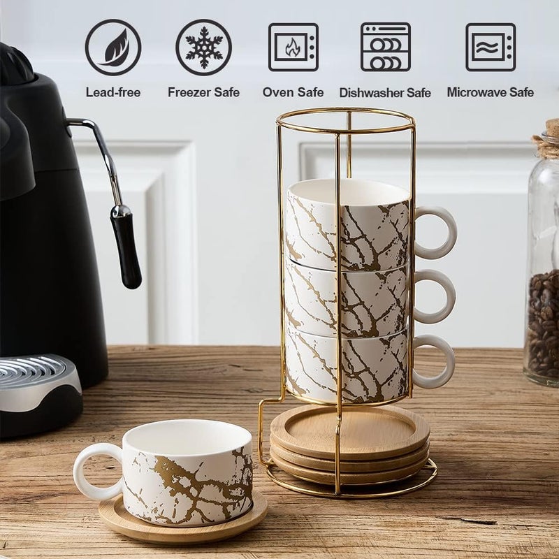 LUKA Porcelain Espresso Cup with Metal Stand 6 Ounce Stackable Ceramic Demitasse Espresso Mugs Cappuccino Cups Set for LatteCoffeeCafe MochaTeaSet of 4White - Image 4