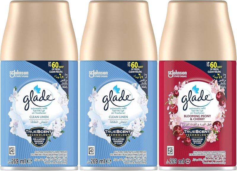 Glade Automatic Spray Refill - 2 x Clean Linen & 1 x Blooming Peony and Cherry, 3 x 269ml - Image 1