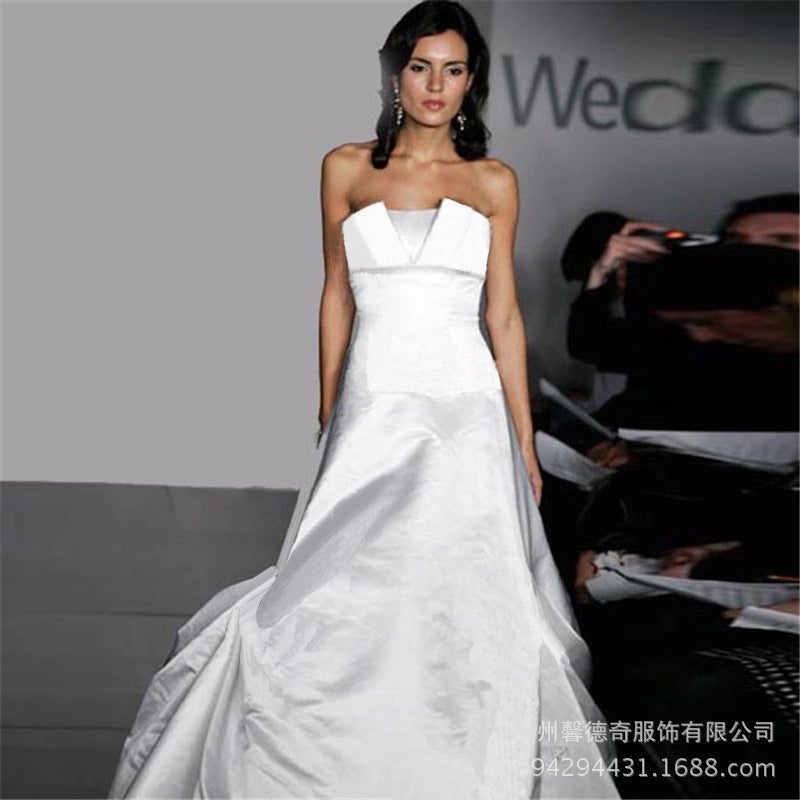 Wedding Dress + V-Neck Wedding Dress Without Decoration High-End Satin Tube Top Large Swing [Wedding Dress]] - Image 2