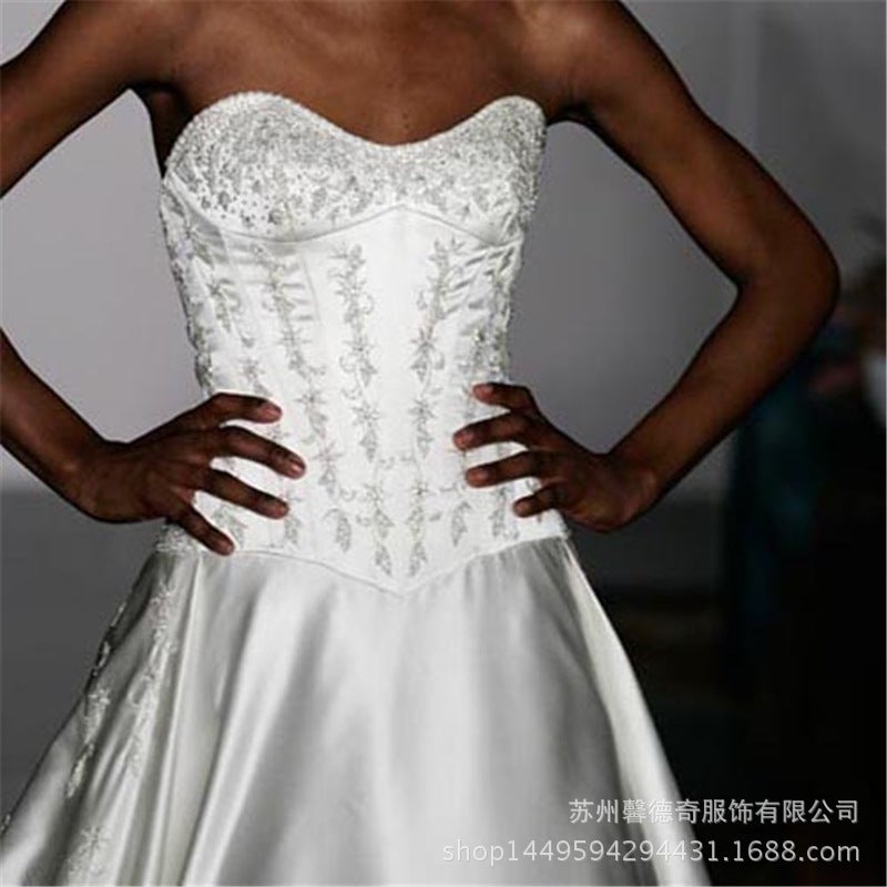 Wedding Dress + V-Neck Wedding Dress Without Decoration High-End Satin Tube Top Large Swing [Wedding Dress]] - Image 5