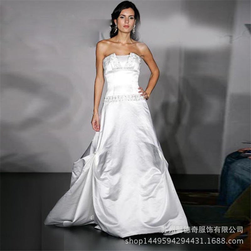 Wedding Dress + V-Neck Wedding Dress Without Decoration High-End Satin Tube Top Large Swing [Wedding Dress]] - Image 1