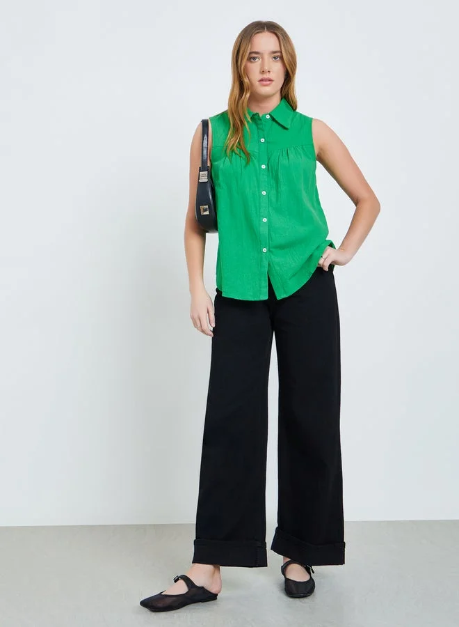 Take Two Green Solid Polo Neck Buttoned Top