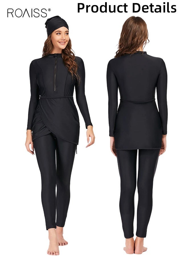 roaiss 3 Pcs Modest Muslim Swimsuit for Women Islamic Full Coverage Conservative Burkinis Beachwear Quick-Drying Sport Swimming Set Ladies Sun Protection Burqini Swimwear with Chest Pad (Long Sleeves + Long Pants + Hijab) Black  - Image 2