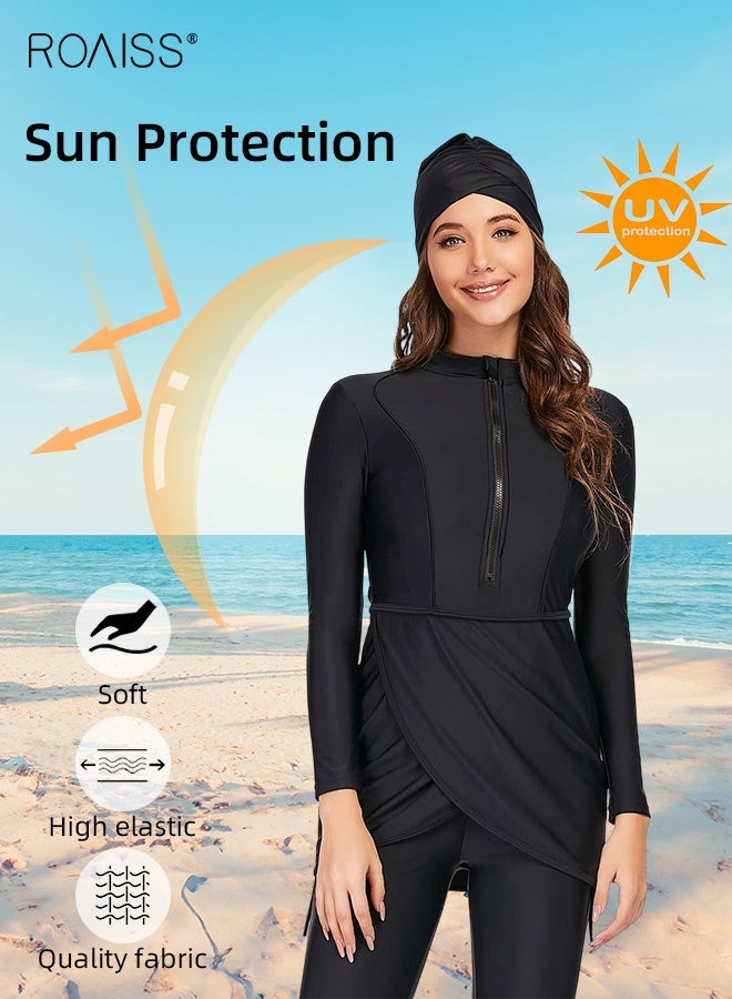 roaiss 3 Pcs Modest Muslim Swimsuit for Women Islamic Full Coverage Conservative Burkinis Beachwear Quick-Drying Sport Swimming Set Ladies Sun Protection Burqini Swimwear with Chest Pad (Long Sleeves + Long Pants + Hijab) Black  - Image 5