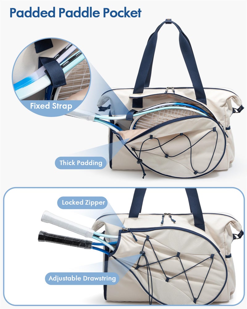 Smasrob Tennis Travel Bag for Women with Exterior Drawstring Racket Pocket and Separate Shoe Compartment, Weekend Bags with Wet Pocket and Laptop Pocket, Beige - Image 3