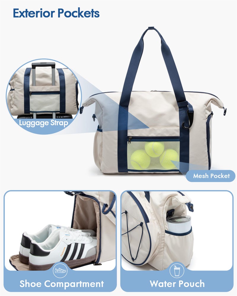 Smasrob Tennis Travel Bag for Women with Exterior Drawstring Racket Pocket and Separate Shoe Compartment, Weekend Bags with Wet Pocket and Laptop Pocket, Beige - Image 4