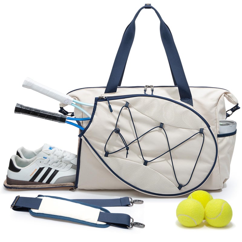 Smasrob Tennis Travel Bag for Women with Exterior Drawstring Racket Pocket and Separate Shoe Compartment, Weekend Bags with Wet Pocket and Laptop Pocket, Beige - Image 1