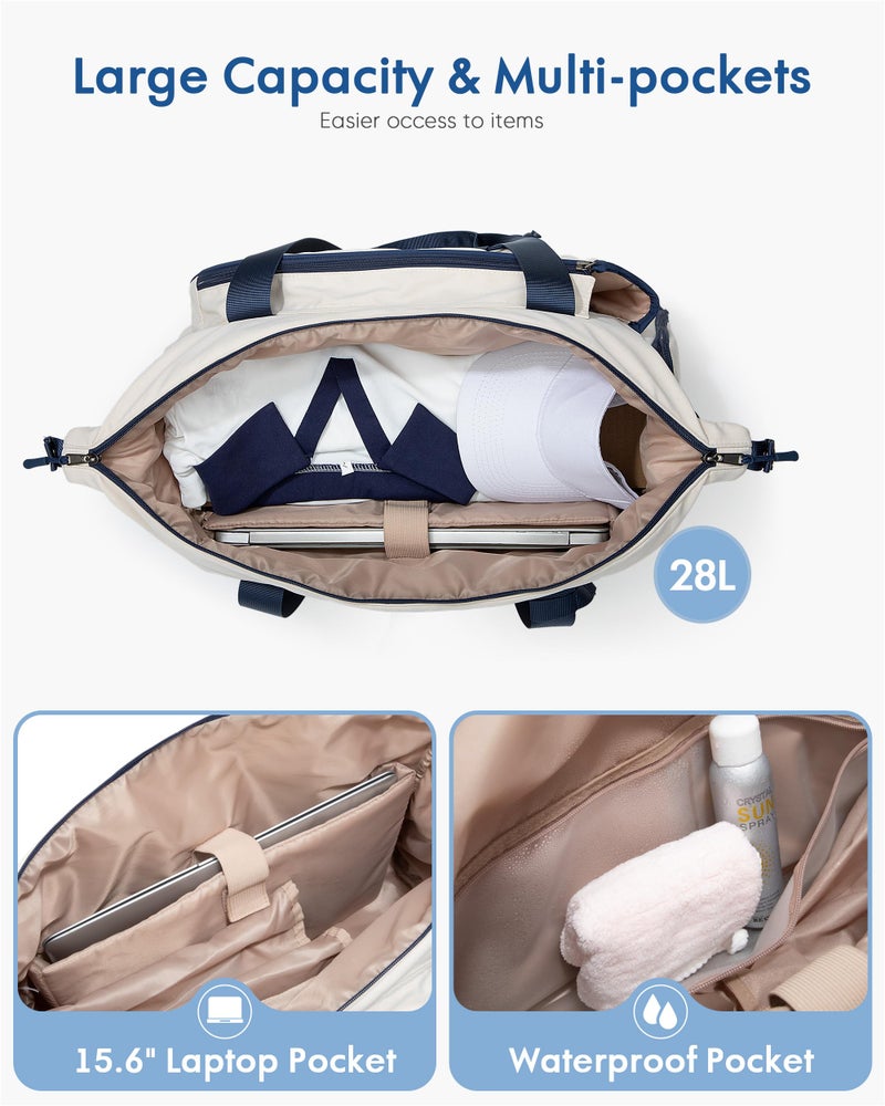 Smasrob Tennis Travel Bag for Women with Exterior Drawstring Racket Pocket and Separate Shoe Compartment, Weekend Bags with Wet Pocket and Laptop Pocket, Beige - Image 2
