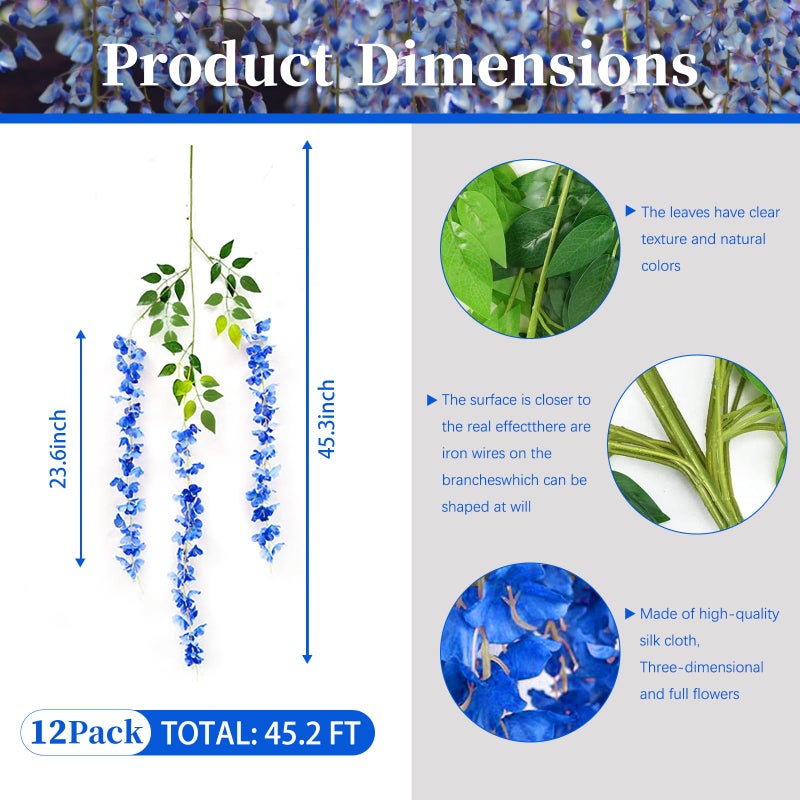 ZEBMOON 12Pack Royal Blue Wisteria Hanging Flowers  Royal Blue 3.77 Ft Fake Hanging Flowers  Royal Blue Artificial Wisteria Garland  Royal Blue Wisteria Flower Vines  Wisteria Flowers Decor  Wisteria Backdrop - Image 2