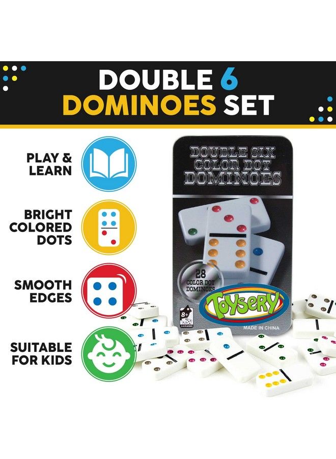 Toysery مجموعة من 6 قطع دومينو مزدوجة بنقاط ملونة. مجموعة من 28 قطعة دومينو بيضاء مع علبة من الصفيح. مجموعة ألعاب تعليمية - Image 3