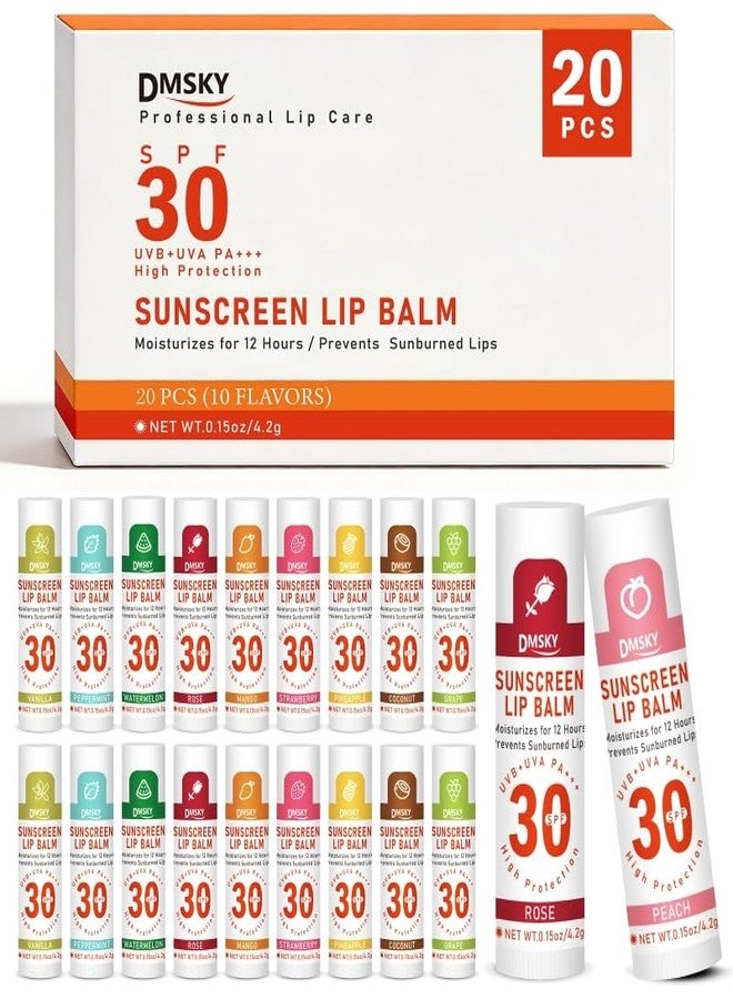 DMSKY SPF 30 Sunscreen Lip Balm 20 Pack, Clear No White Cast Sun Protection Lip Care with Vitamin E and Beeswax, Broad Spectrum SPF Lip Balm for Travel -10 Flavors - Image 1