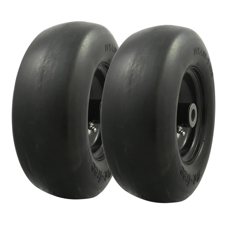 MARASTAR 00232-2PK Universal Fit Flat-Free 11x4.00-5 Tire and Wheel Assembly, Zero Turn Lawn Mower Replacement Tires, Smooth Tread, Adapter Kit included, 2 pack - Image 1