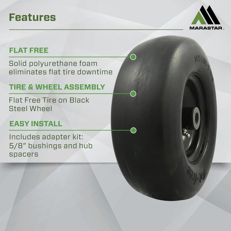 MARASTAR 00232-2PK Universal Fit Flat-Free 11x4.00-5 Tire and Wheel Assembly, Zero Turn Lawn Mower Replacement Tires, Smooth Tread, Adapter Kit included, 2 pack - Image 5