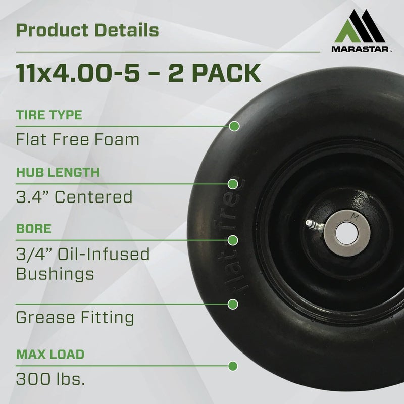 MARASTAR 00232-2PK Universal Fit Flat-Free 11x4.00-5 Tire and Wheel Assembly, Zero Turn Lawn Mower Replacement Tires, Smooth Tread, Adapter Kit included, 2 pack - Image 2