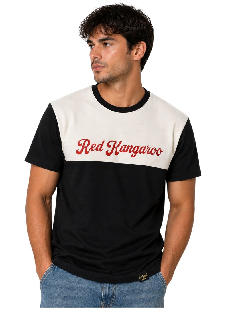 Timeless Men’s Colorblock T-Shirt – Red Kangaroo Print | Premium Cotton | Regular Fit Crew Neck | Black & White - Image 1