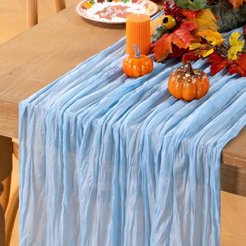 MLMC Light Blue Table Runner Baby Blue Cheesecloth Table Runner 10ft Baby Shower Decorations Rustic Gauze Fall Cheese Cloth Centerpiece 35x120 Inches for Gender Reveal Birthday Party Wedding Decor - Image 1