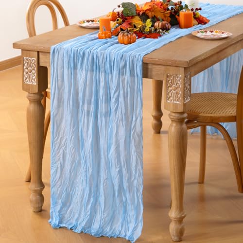 MLMC Light Blue Table Runner Baby Blue Cheesecloth Table Runner 10ft Baby Shower Decorations Rustic Gauze Fall Cheese Cloth Centerpiece 35x120 Inches for Gender Reveal Birthday Party Wedding Decor - Image 2