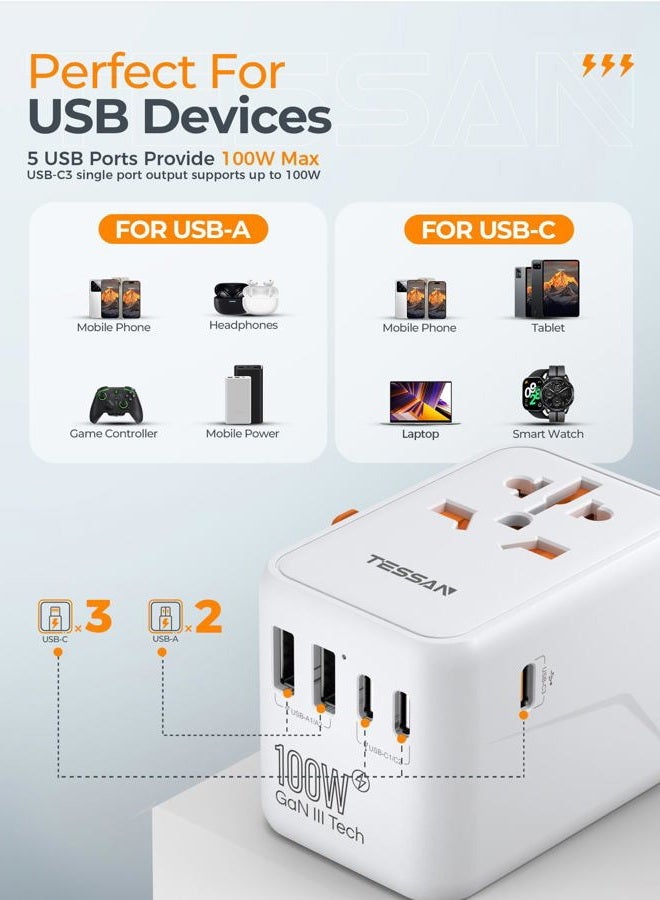 TESSAN Universal Travel Adapter 100W GaN, International Power Adapter with 5 USB(3 USB C) Charging Ports, Worldwide Outlet for US to European Europe UK AUS Ireland(Type C/G/A/I) - Image 5