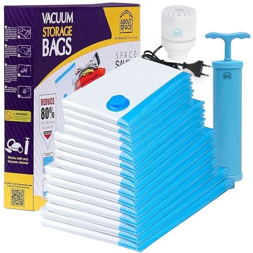 ABOUT SPACE 15 Pack 5-2XJumbo/5Jumbo/4L/4M/ Vacuum Bags for Travel with Hand & Electric Pump | Space Saver Storage Organizer Bag for Clothes, Comforters, Ziplock Airtight Reusable Luggage Bags (Blue) - Image 1
