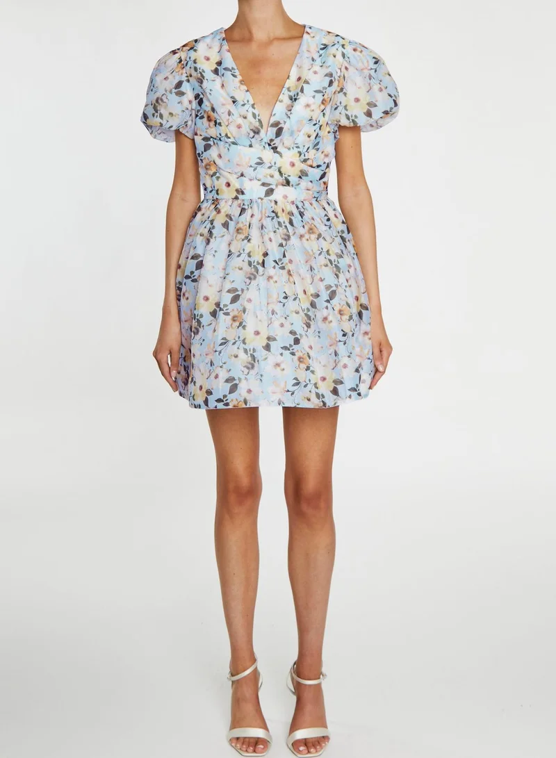 Claire Pale-Blue Flower Organza Wrap Skater Mini-Dress