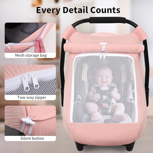 Rquite Car Seat Cover Baby, Carseat Covers Girl Boy, Breathable Muslin Cotton, Large Mesh Window, Infant Car Seat Canopy Baby Carrier Cover Stroller Sun Shade for Summer & Hot Day, Pink - Image 4