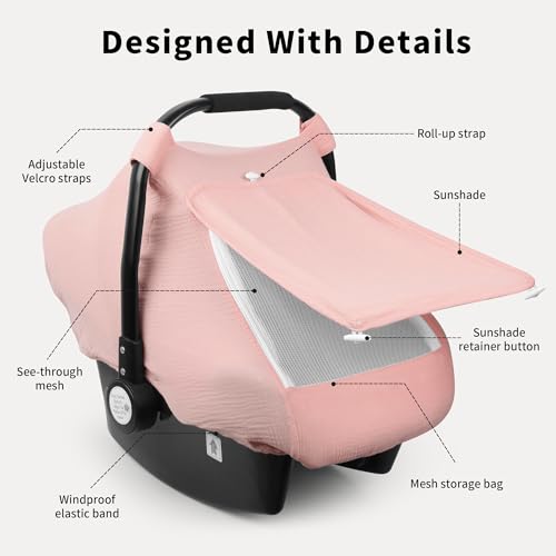 Rquite Car Seat Cover Baby, Carseat Covers Girl Boy, Breathable Muslin Cotton, Large Mesh Window, Infant Car Seat Canopy Baby Carrier Cover Stroller Sun Shade for Summer & Hot Day, Pink - Image 3