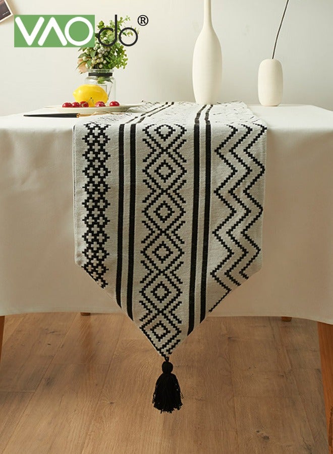 فاو دو مفرش طاولة على طراز بوهو مع شرابات، قطع زخرفية لوسط الطاولة، بياضات طاولة بخطوط هندسية لتزيين حفلات العشاء والمناسبات والمهرجانات وأعياد الميلاد 33*180 سم - Image 1